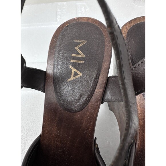 Mia Womens 9 Studed Clogs Sandals Black Leather Wood Heel Peep Toe - Picture 5 of 10